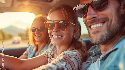 happy family enjoying drive in their new electric car