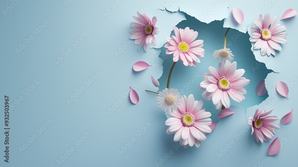Fototapeta premium Creative layout made of pink flowers on blue paper background with copy space.