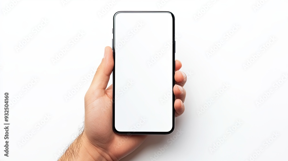 Person's palm exhibits mobile with white display vertical on white background mockup Person's palm exhibits mobile with white display vertical on white background mockup