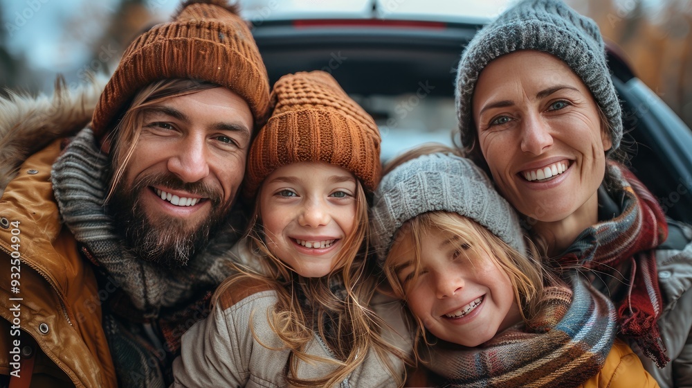 happy family sitting incar trunk,waiting for charging happy family sitting incar trunk,waiting for charging