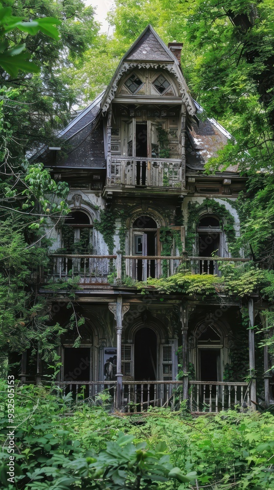 The neglected Victorian house stands shrouded in greenery, showcasing its decaying beauty amidst encroaching vegetation The neglected Victorian house stands shrouded in greenery, showcasing its decaying beauty amidst encroaching vegetation