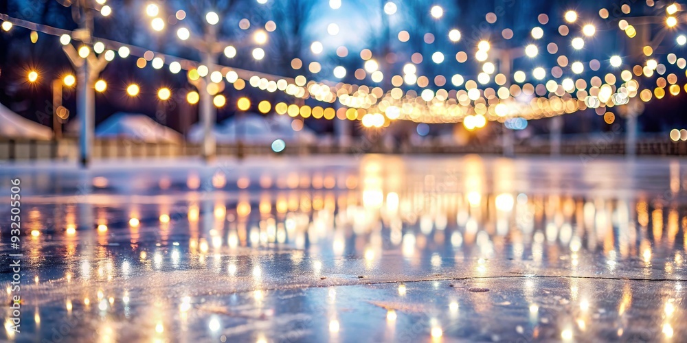 Closeup of festive ice skating rink with bokeh lights reflecting on the surface , Christmas, holidays, abstract, texture Closeup of festive ice skating rink with bokeh lights reflecting on the surface , Christmas, holidays, abstract, texture