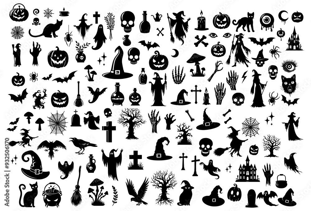 Vector illustration. Giant set of black silhouettes for Halloween.	