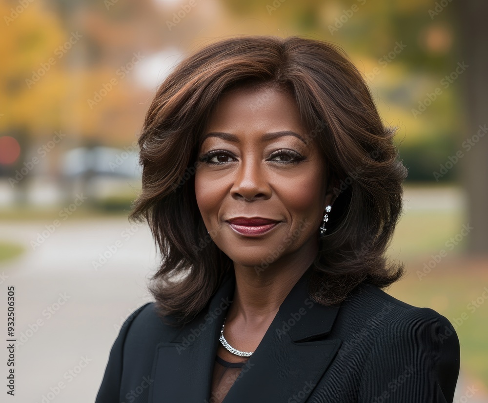 Confident lady in a black suit poses outdoors amidst autumn foliage Confident lady in a black suit poses outdoors amidst autumn foliage