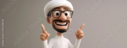 3D Cartoon Arab Man with Glasses Happily Pointing Up with Nine Fingers photo