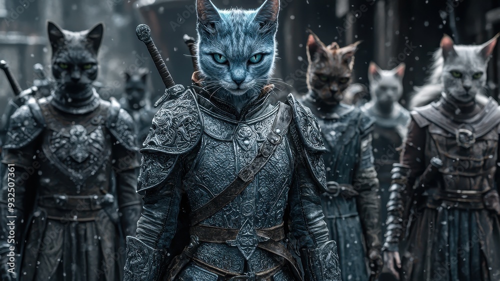 Fototapeta premium A fantasy scene featuring armored feline warriors standing together in a mysterious forest setting, blending reality and imagination.