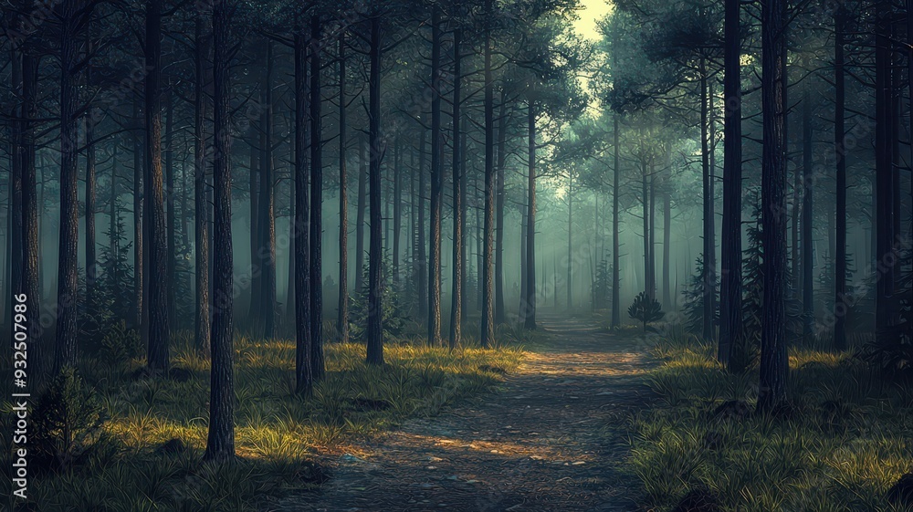 Naklejka premium A serene forest path surrounded by tall trees and soft fog, creating a tranquil and mystical atmosphere for nature lovers.