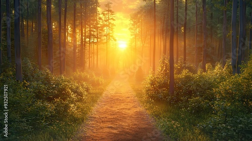 A serene forest path illuminated by the warm glow of sunrise, surrounded by lush greenery and the tranquility of nature.