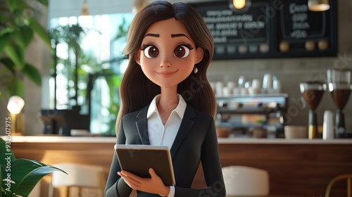 3D Cartoon Character Businesswoman Using Tablet in a Coffee Shop