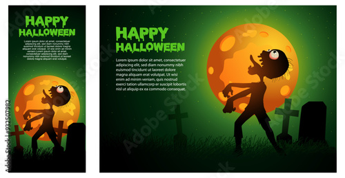 Zombie walking through a cemetery under a full moon, perfect for Halloween themed designs. Ideal for spooky greeting cards, party invitations, and digital medias