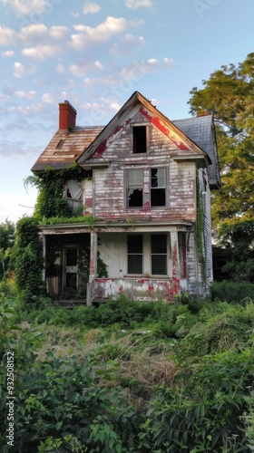 The abandoned house features a decaying structure, vines covering the exterior, broken windows, and a serene overgrown yard during sunset