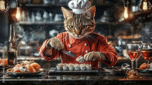 A whimsical cat chef skillfully preparing sushi in a cozy, inviting kitchen, blending culinary art with playful charm.