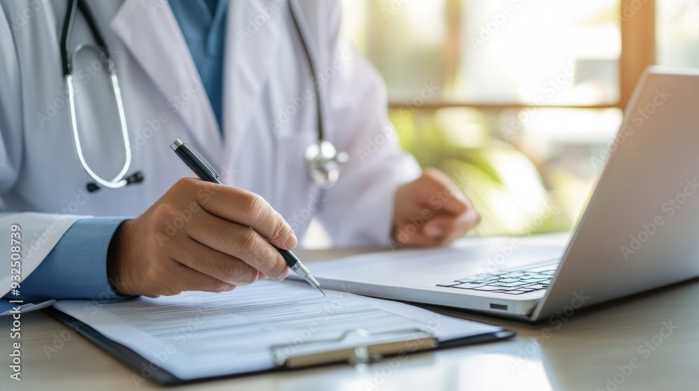 Fototapeta premium Doctor Filling Out Medical Forms in a Modern Clinical Setting, Professional Healthcare Documentation.