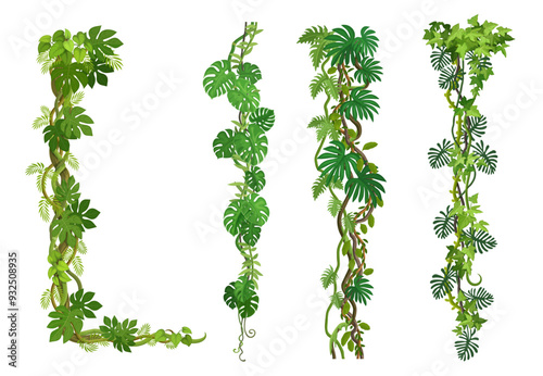 Liana vine, tropical jungle forest branches and ivy or monstera leaves, vector border frames. Tropical rainforest creeper plants or jungle liana and bindweed tree with climbing tendrils for frames