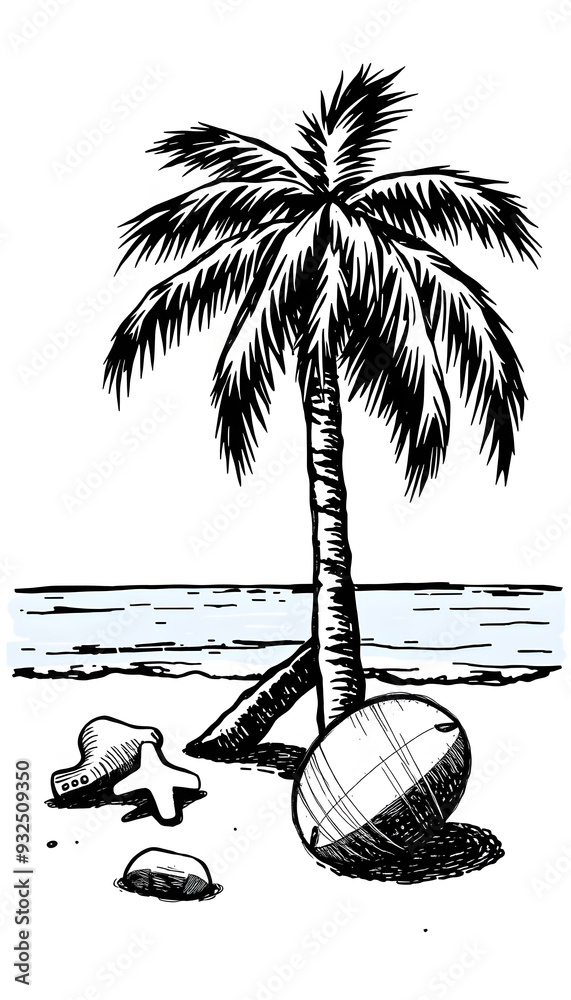 Beach objects color sketch engraving PNG illustration. Scratch board ...