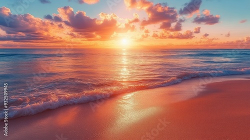 Serene Ocean Sunset with Gentle Waves and Golden Sky Reflections on a Calm Beach Shoreline