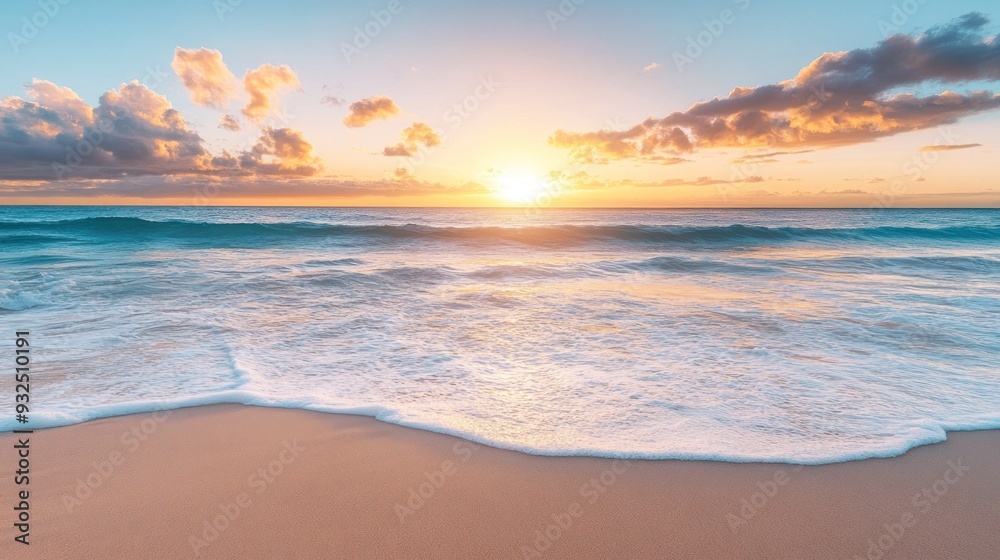 Serene Ocean Sunset with Gentle Waves and Golden Sky Reflections on a Calm Beach Shoreline Serene Ocean Sunset with Gentle Waves and Golden Sky Reflections on a Calm Beach Shoreline