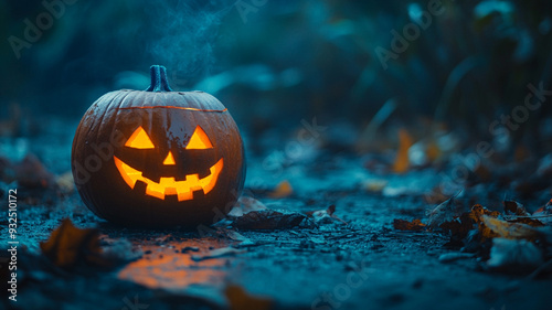 A carved pumpkin glows in the dark on a misty Halloween night surrounded by fallen leaves