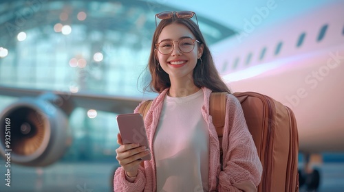 Happy young woman tourist smiling, traveling with a trolley suitcase and smartphone, isolated on background with graphics of airplane windows. Concept of online flight ticket booking for vacatio photo