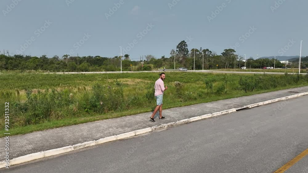 Walking and running on neighborhood streets. Cell phone in pocket or hands. Aerial view. Camera following. Walking and running on neighborhood streets. Cell phone in pocket or hands. Aerial view. Camera following.