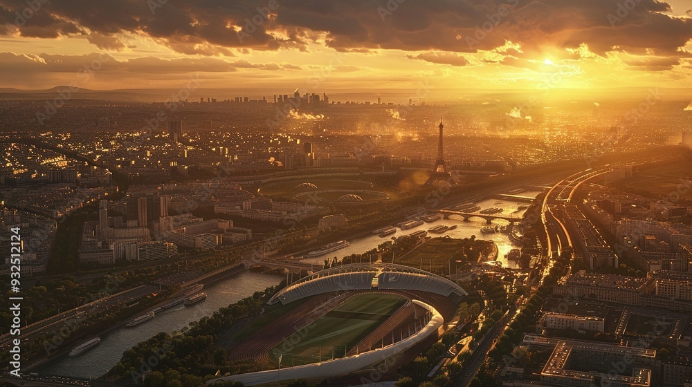 Sunset Aerial View of Paris with the Eiffel Tower and a Stadium Sunset Aerial View of Paris with the Eiffel Tower and a Stadium