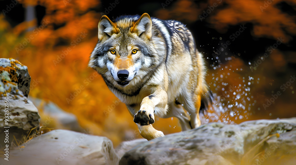 Funny flying Wolf. Image of a playful tabby Wolf jumping in mid-air while looking at the camera. Funny flying Wolf. Image of a playful tabby Wolf jumping in mid-air while looking at the camera.