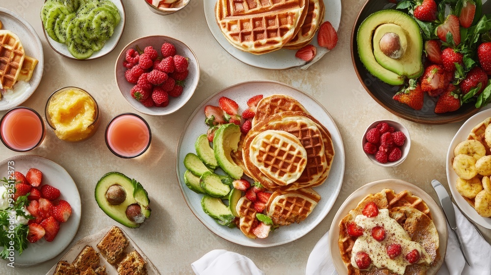 Mouthwatering Breakfast Spread with Pancakes, Waffles, Avocado Toast, and Fresh Fruit