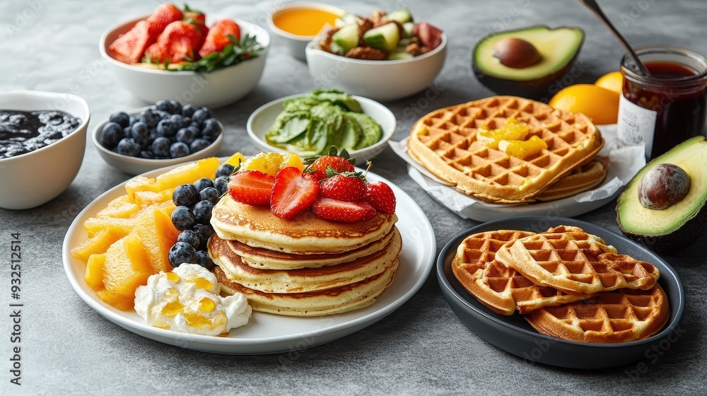 Morning Delights: Appetizing Breakfast Spread with Pancakes, Waffles, Avocado Toast, and Fresh Fruit Morning Delights: Appetizing Breakfast Spread with Pancakes, Waffles, Avocado Toast, and Fresh Fruit