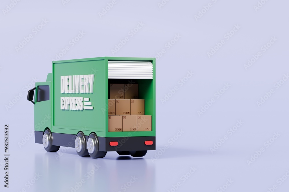 3D Green Truck delivery express back door open with parcel box delivery icon on isolated purple background. Online shopping or E-commerce concept. Minimal Cartoon Van truck logistic icon. 3d render. 3D Green Truck delivery express back door open with parcel box delivery icon on isolated purple background. Online shopping or E-commerce concept. Minimal Cartoon Van truck logistic icon. 3d render.