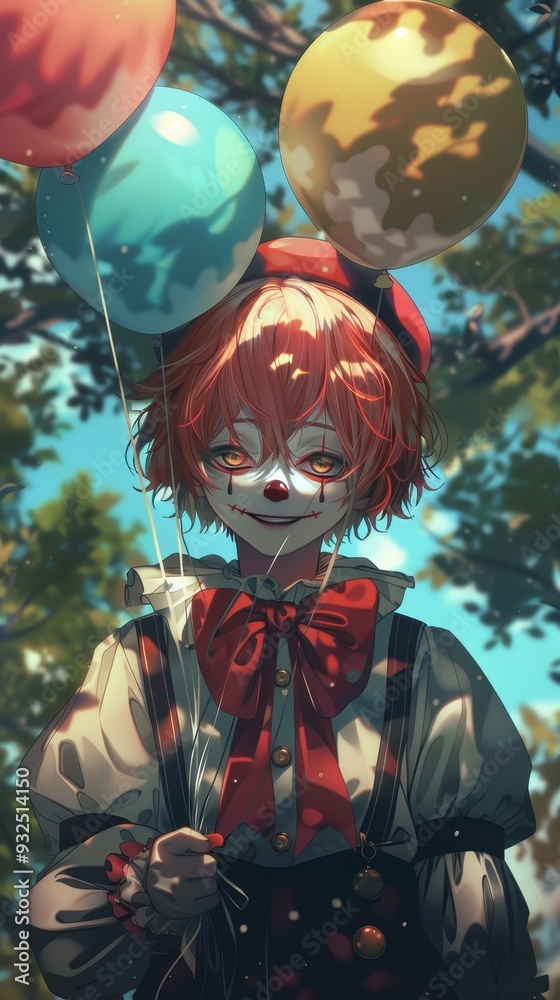 The clown, featuring vibrant hair and a friendly expression, offers colorful balloons while surrounded by lush green trees on a sunny day The clown, featuring vibrant hair and a friendly expression, offers colorful balloons while surrounded by lush green trees on a sunny day