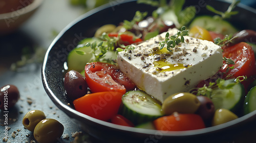 Salade grecque classique tomate feta et légumes frais photo