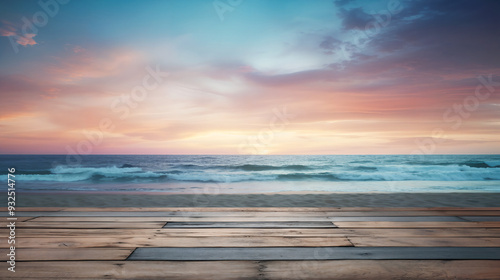 A serene beach sunset background with a weathered empty wooden table, offering a coastal vibe for product placement