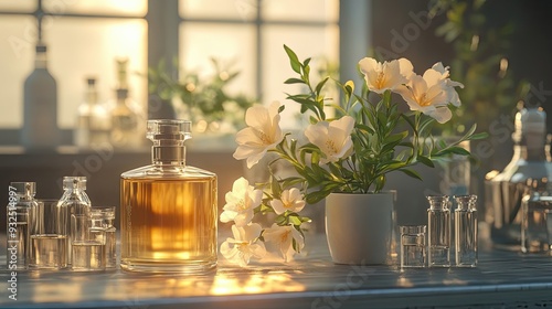 Glass Bottles of Perfume with Flowers in a White Vase