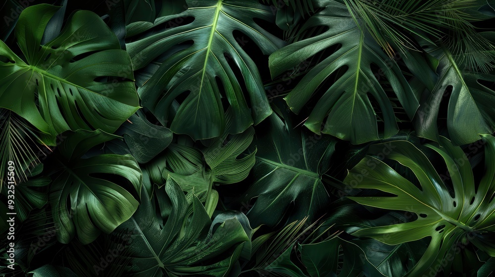 closeup nature view of green leaf and palms background. Flat lay, dark nature concept, tropical leaf , ai