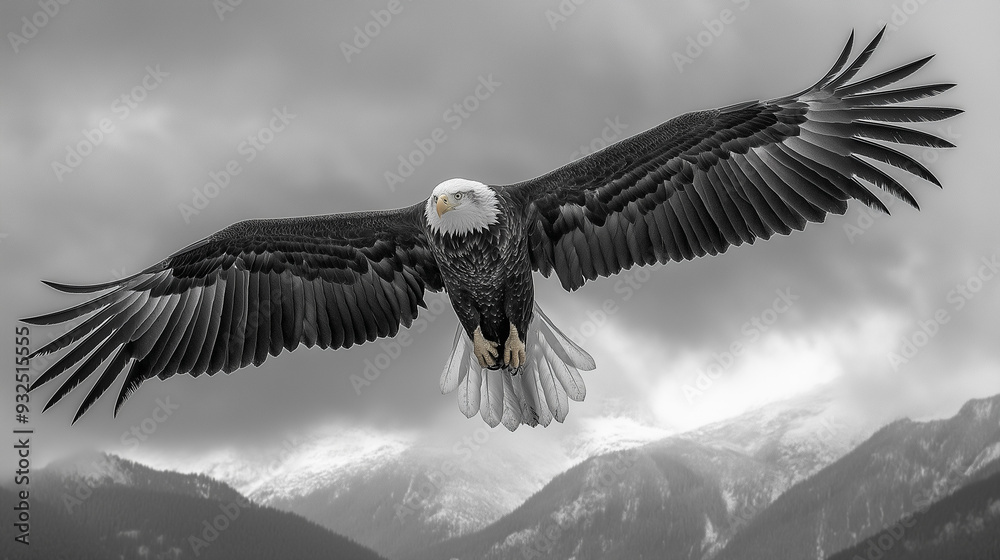 Obraz premium Soaring high in the blue sky, a majestic bald eagle spreads its white-tipped wings, a symbol of freedom and wild nature