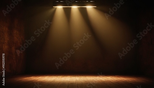 The room is dark with a wooden floor wall, illuminated by spotlights in a modern and minimalistic style15 photo