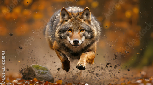 Funny flying Wolf. Image of a playful tabby Wolf jumping in mid-air while looking at the camera.