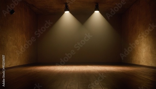 The room is dark with a wooden floor wall, illuminated by spotlights in a modern and minimalistic style2 photo