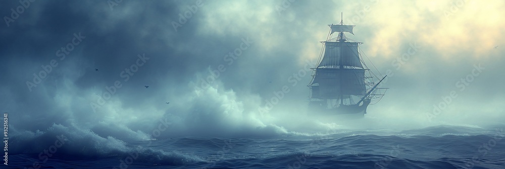 Halloween card a 3D ghost ship sailing along the bottom border with 2D waves and fog decorating the lower edges leaving the top half mostly blank providing a large and clean copyspace for a message Halloween card a 3D ghost ship sailing along the bottom border with 2D waves and fog decorating the lower edges leaving the top half mostly blank providing a large and clean copyspace for a message