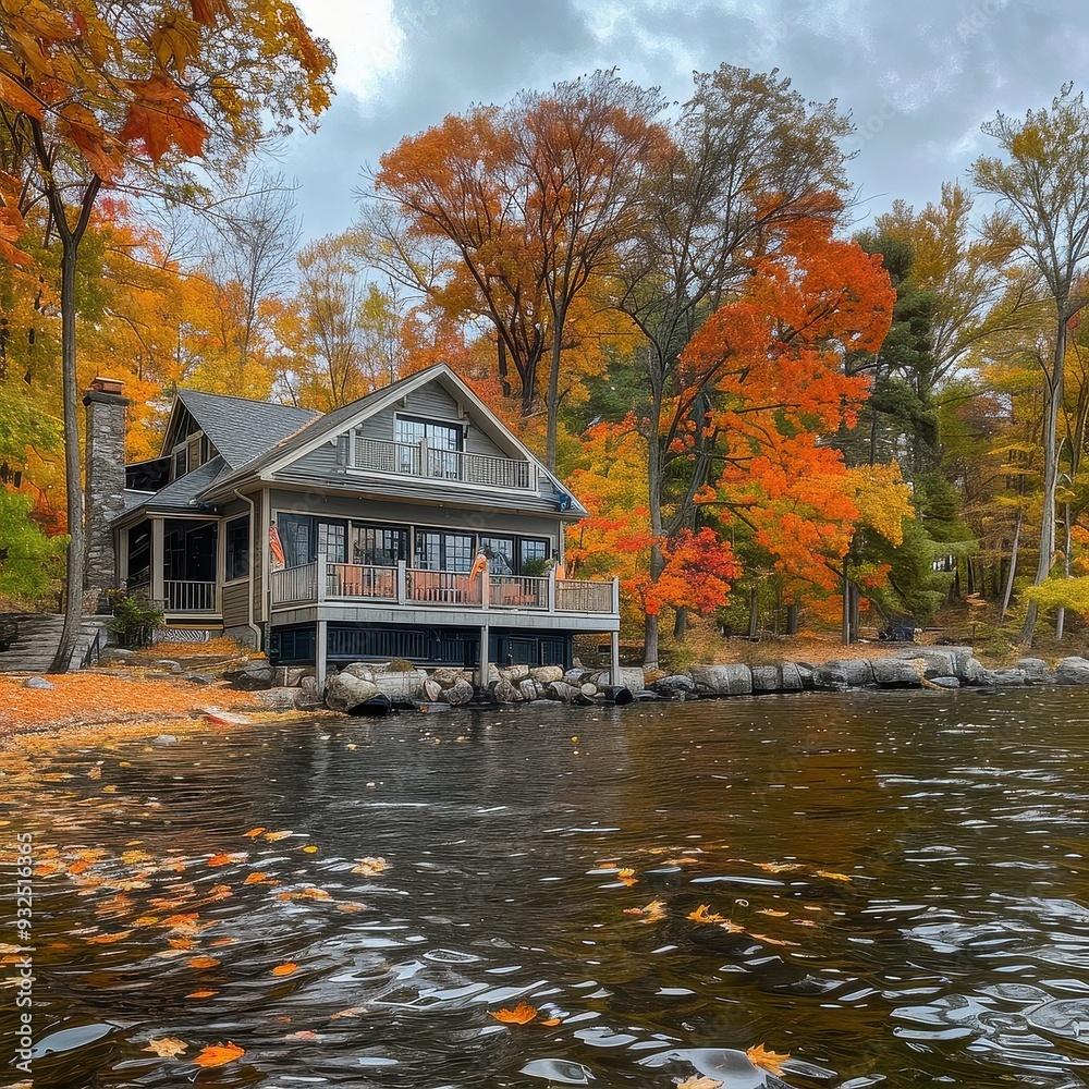 Fototapeta premium Tranquil Lakeside Cottage Amidst Autumn Hues