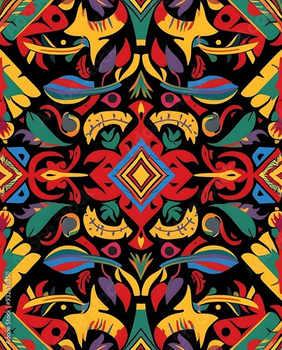 A vibrant and detailed Aztec-inspired pattern, with bold colors and intricate designs, capturing the essence of traditional artistry and modern flair, perfect for dynamic and colorful themes 