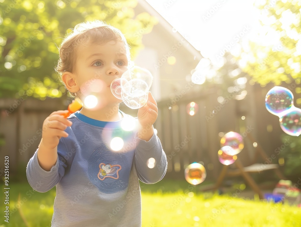 Young Boy Blowing Bubbles in Sunny Backyard Young Boy Blowing Bubbles in Sunny Backyard