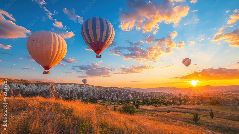 Obraz premium Hot Air Balloons Soaring Over Cappadocia at Sunset