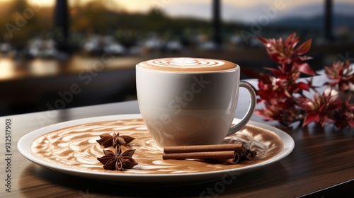 Generate a detailed and realistic 3D rendering of a close-up shot featuring a cup of tea 