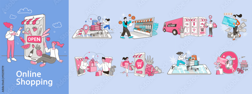 Online shop smartphone app. Mobile based marketplace. Retail business cartoon icons set. Online shop smartphone app. Mobile based marketplace. Retail business cartoon icons set.
