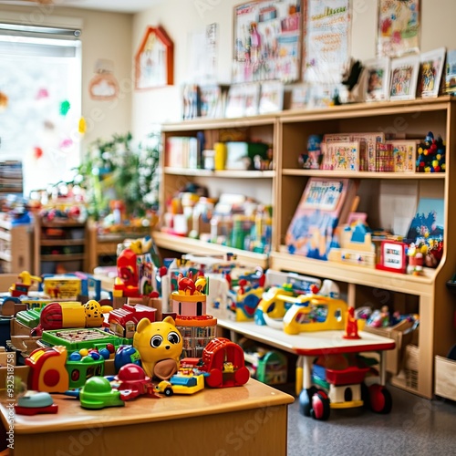 Colorful Toys and Books on a Shelf in a Playroom