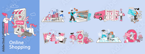 A set of illustrations showing the online shopping process from browsing to final delivery. This e-commerce collection includes concepts like mobile payment, logistics, and drone delivery.