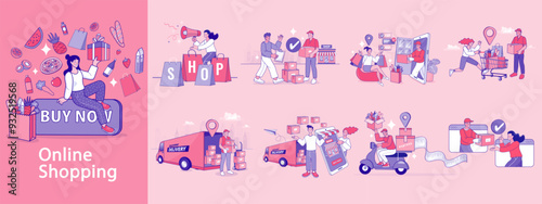 A complete illustration set for the online shopping process. This e-commerce collection shows the customer journey, from buying online and sale promotions to logistics and fast delivery.