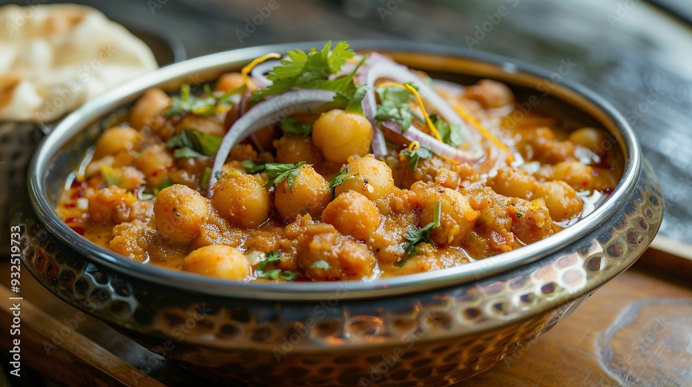 Close-up of Chickpea Curry with Onions and Cilantro in a Metal Bowl Close-up of Chickpea Curry with Onions and Cilantro in a Metal Bowl