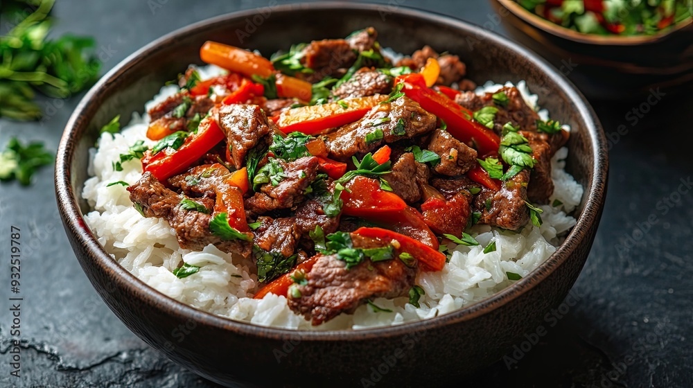 Beef, Bell Pepper, and Rice Stir-Fry in a Brown Bowl Beef, Bell Pepper, and Rice Stir-Fry in a Brown Bowl
